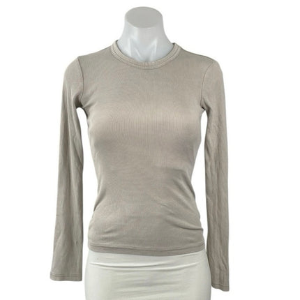 Zara Women's Beige Ribbed Knit Crew Neck Long Sleeve T Shirt Tee Top Size S