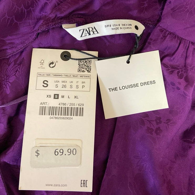 ZARA NWT Purple Louisse Floral Satin V-neck 3/4 Sleeve Mini A-Line Party Dress S