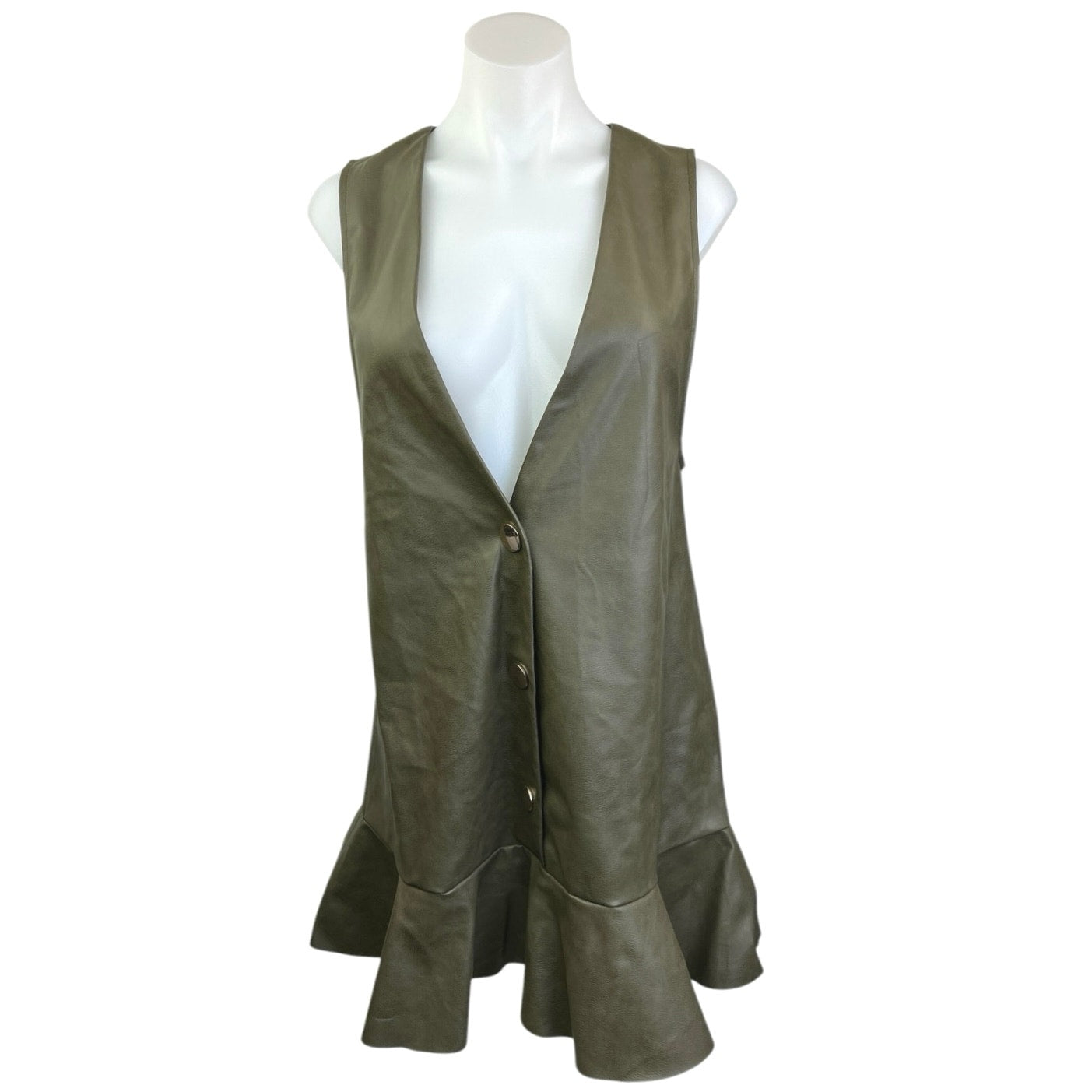 NEW Zara Green Faux Vegan Leather Sleeveless Button V-neck Ruffle Mini Brie NEW Zara Green Faux Vegan Leather Sleeveless Button V-neck Ruffle Mini Brie