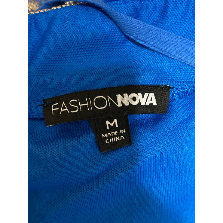 Fashion Nova Goddess Vibes Blue Metallic Mesh Sleeveless Maxi A-Line Dress Sz M