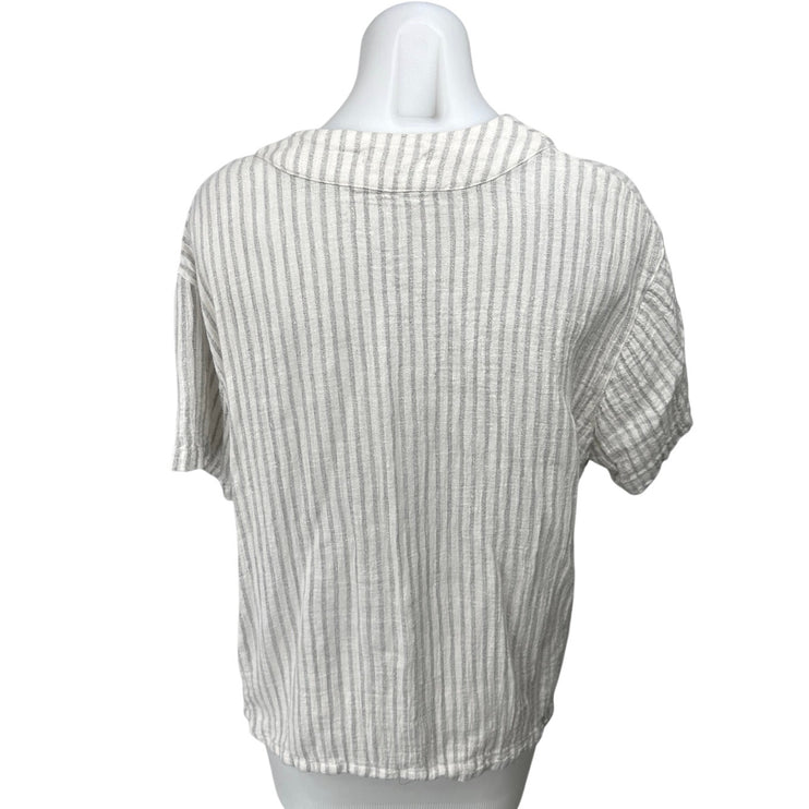 Outerknown White Gray Linen Striped V-neck Short Sleeve Shirt Blouse Top Size M