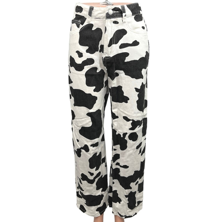 Shein Black White Cow Print High Rise Ankle Baggy Wide Leg Jeans Size XS