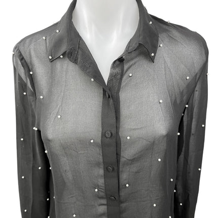 Cooperative Black Sheer Beaded Embellished Long Sleeve Button Down Shirt Top XS