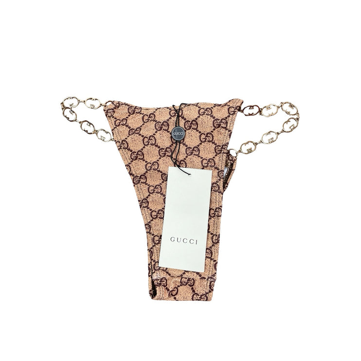 NEW Gucci Brown Beige Gold Tone Chain Monogram Swimwear Bikini Bottom Size S