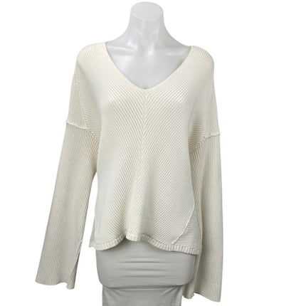 Free People White Ivory Ribbed Knit V Neck Patchwork Long Sleeve Sweater Top L