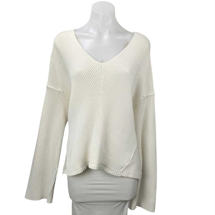 Free People White Ivory Ribbed Knit V Neck Patchwork Long Sleeve Sweater Top L