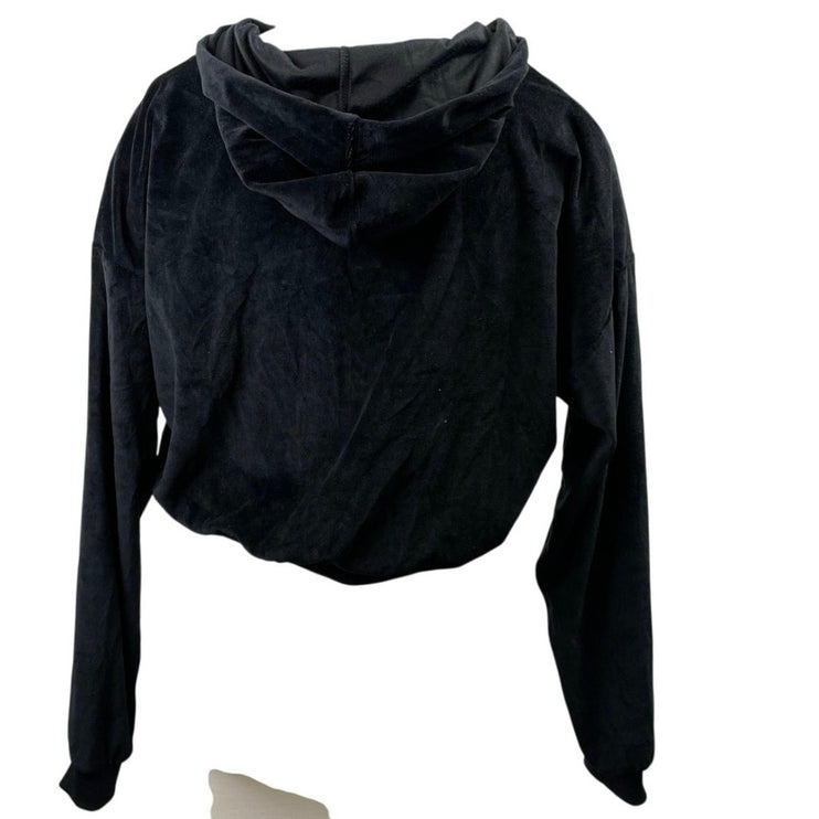 Fashion Nova Black Velvet Velour Saint Rhinestone Hooded Crop Jacket Top Size L