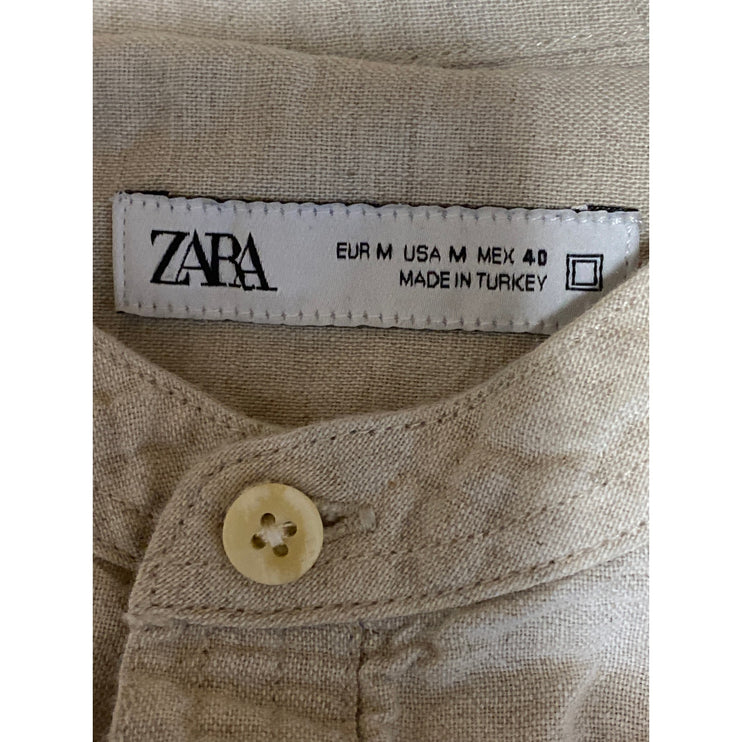 Zara Women's Beige Linen Mock Neck Button Front Long Sleeve Shirt Top Size M