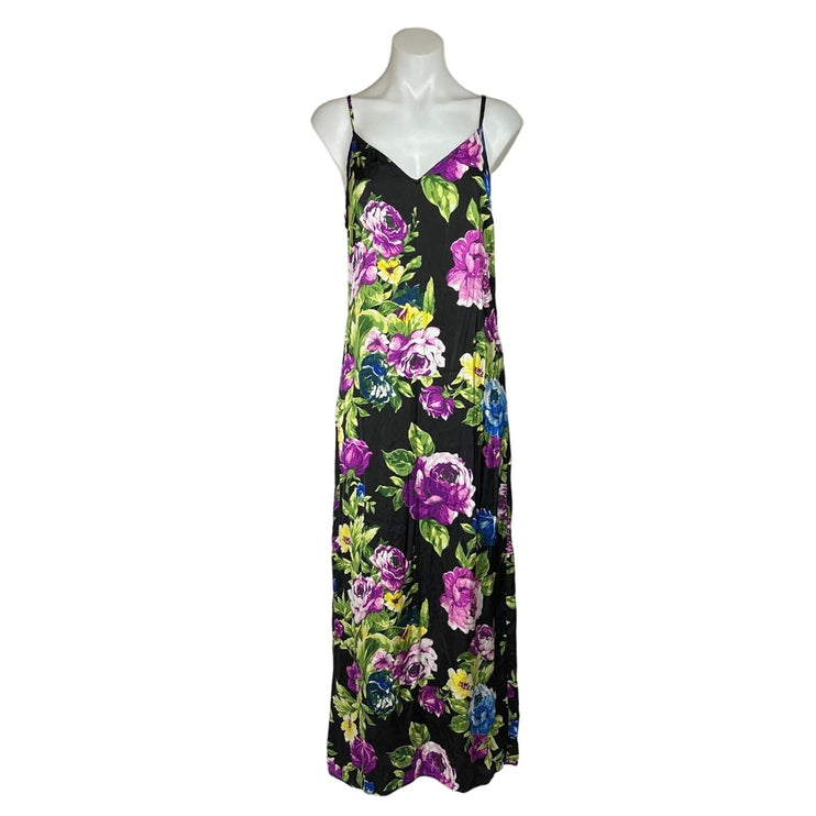 Forever 21 Black Purple Floral V-neck Sleeveless Maxi Spaghetti Strap Dress Sz S