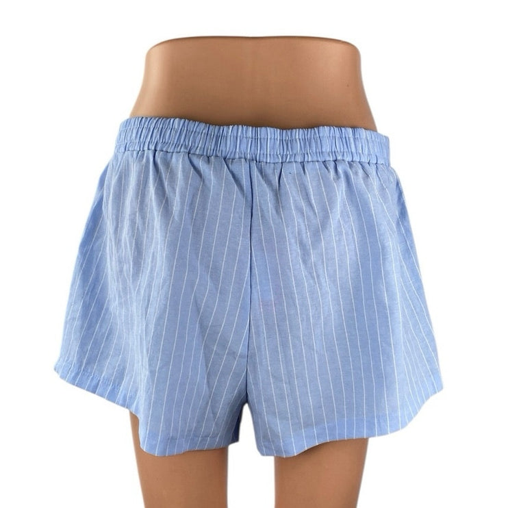 NEW Edikted Women Blue Stripe High Rise Elastic Waist Lounge Boxer Mini Shorts L