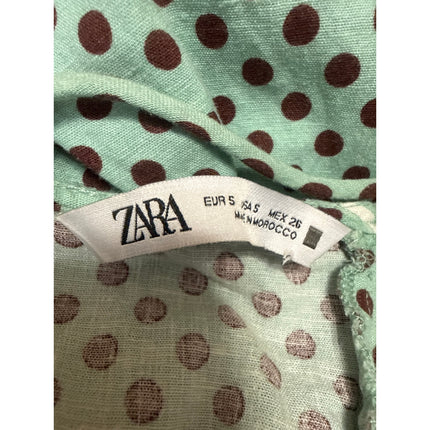 Zara Women's Green Linen Polka Dot Slit Bustier Midi Cami Tank A-Line Dress Sz S