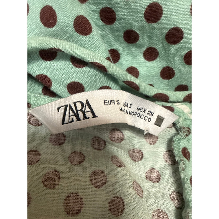 Zara Women's Green Linen Polka Dot Slit Bustier Midi Cami Tank A-Line Dress Sz S