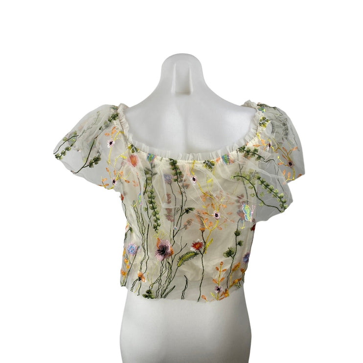 Lucy Paris White Floral Mesh Embroidered Flutter Sleeve Ruffle Blouse Top Size S