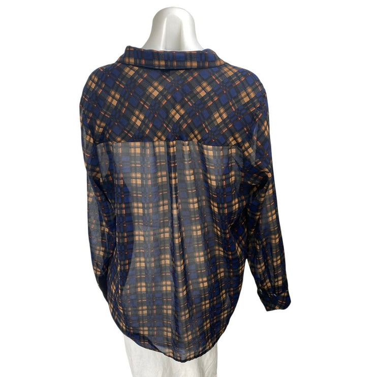 Forever 21 Women's Long Sleeve Plaid Sheer Mesh Button Up Shirt Top Size 1X