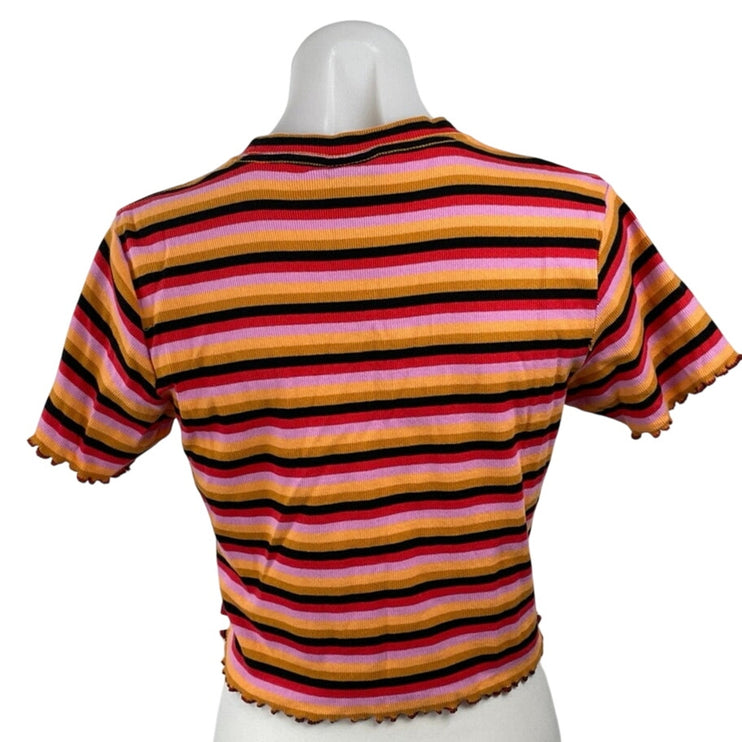 Dickies Women's Multicolor Striped Retro Short Sleeve Crop T Shirt Tee Top Sz L