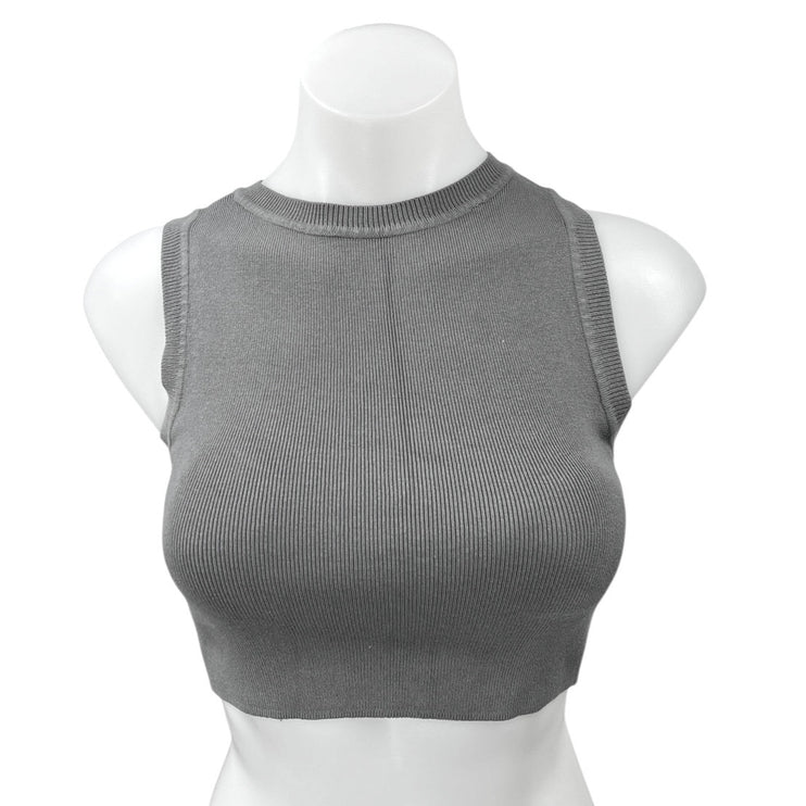 Zara Women's Gray Ribbed Sleeveless Crew neck Stretch Knit Crop Tank Top Size S