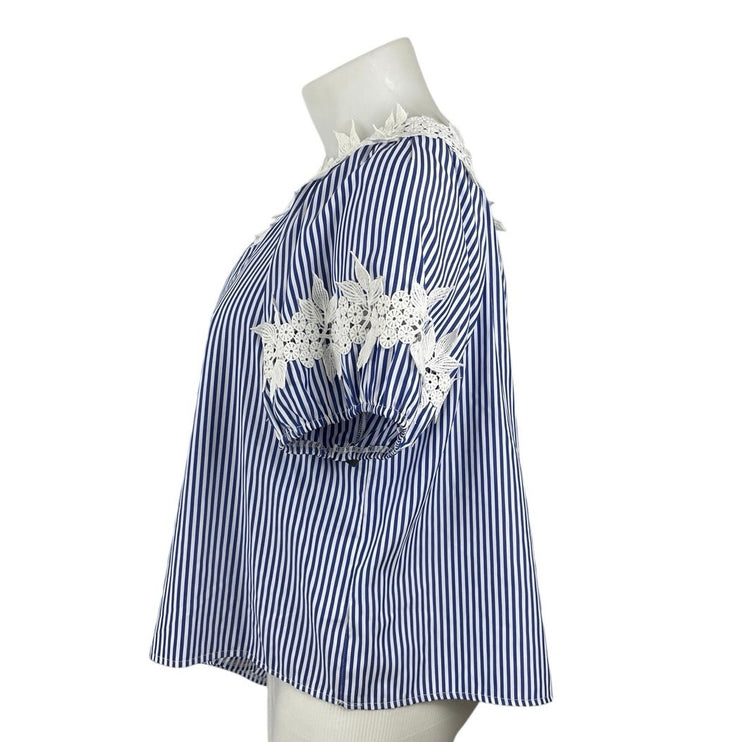 NEW Good Times Blue White Striped Floral Short Puff Sleeve Blouse Top Sz 1X/2X