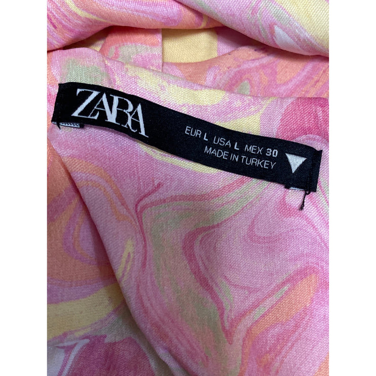 Zara Pink Yellow Silk Satin Marble Tie Dye Open Tie Back Brami Tank Crop Top L