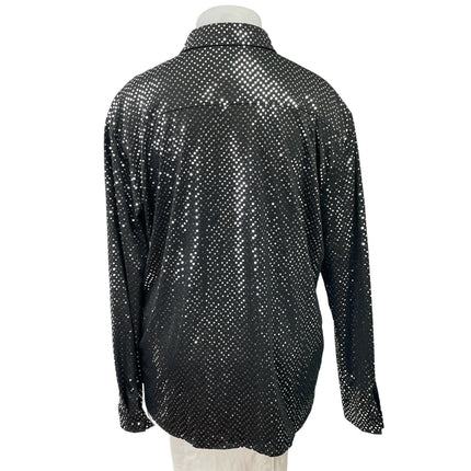 Womens Black Metallic Sequin Embellished Long Sleeve Button Down Shirt Top Sz XL