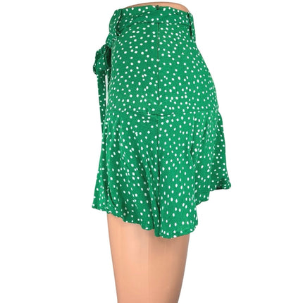 Zara Women's Green Polka Dot Ruffle Hem Belted Tie Waist Mini Skirt Skort Sz XS