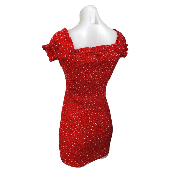Polly Red Floral Short Puff Sleeve Tie Front Ruffle Mini Bodycon Dress Size 6