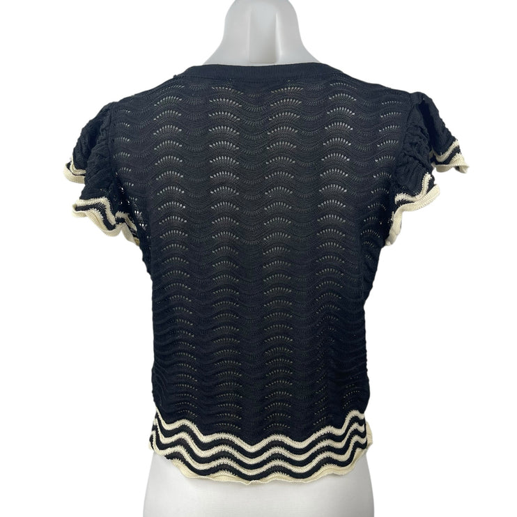 Solitaire Black Crochet Knit Short Flutter Sleeve Crop Sweater Blouse Top Size M