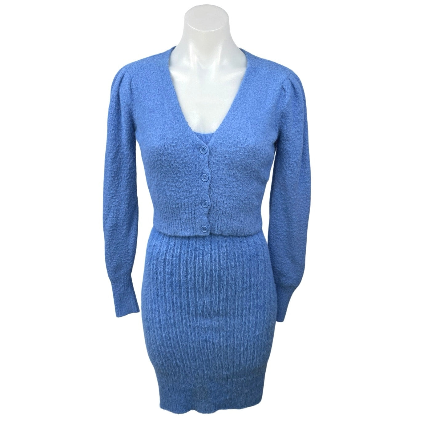New Freshman 1996 Blue Knit Fuzzy Cardigan Sweater Mini Tank Dress Set Size XS New Freshman 1996 Blue Knit Fuzzy Cardigan Sweater Mini Tank Dress Set Size XS