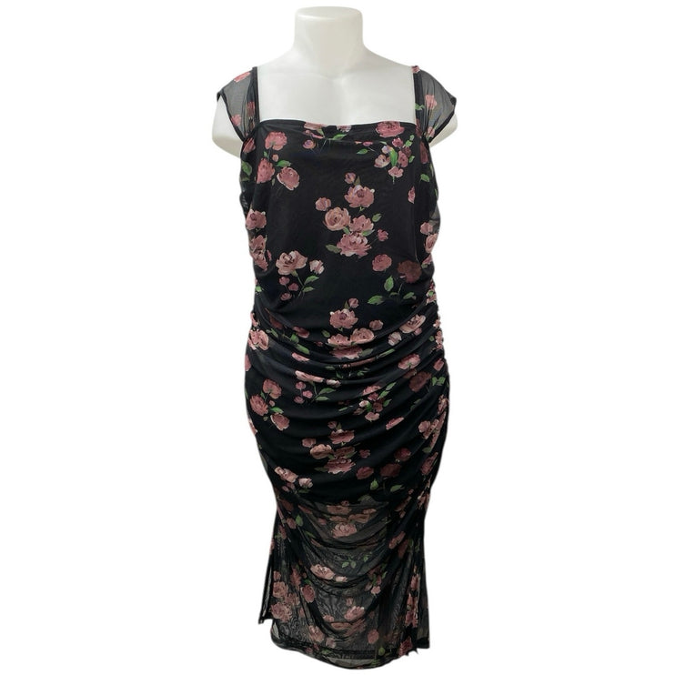Cider Women's Black Floral Print Sleeveless Ruched Midi Bodycon Dress Size 3XL