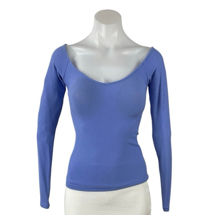 Skims Soft Lounge Blue Ribbed Off Shoulder Long Sleeve T-Shirt Sweater Top XS