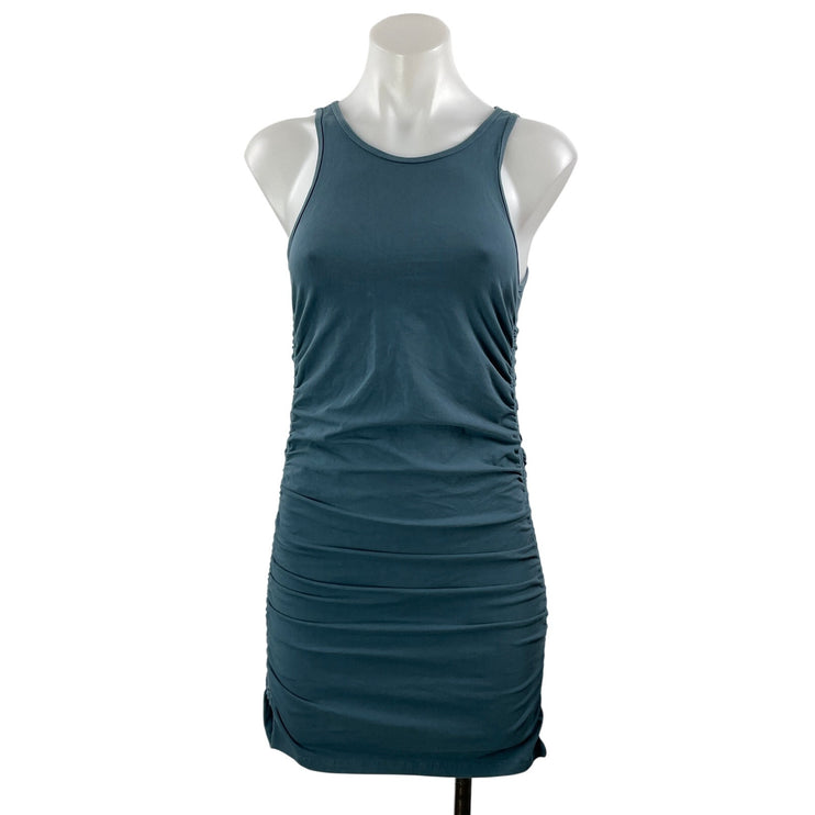 Aritzia TNA Womens Blue Sleeveless Ruched Stretch Tank Mini Bodycon Dress Size M