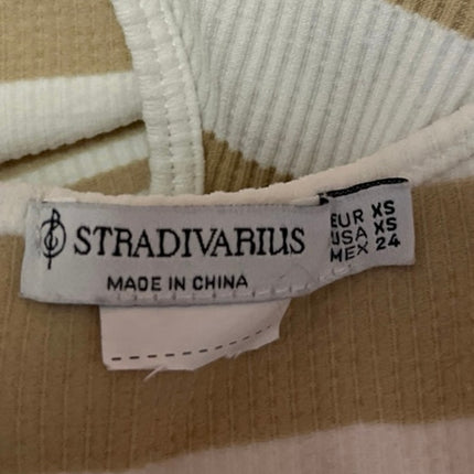 Stradivarius Gold White Striped Sleeveless Racerback Rib Knit Tank Crop Top XS
