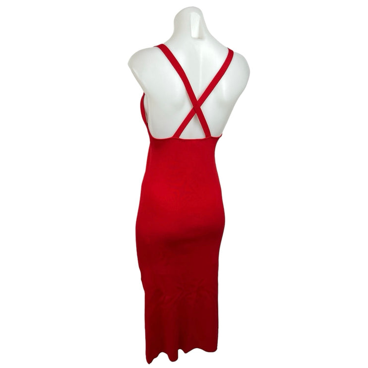 Zara Red Sleeveless V-Neck Cross Back Strap Midi Stretch Knit Bodycon Dress Sz M