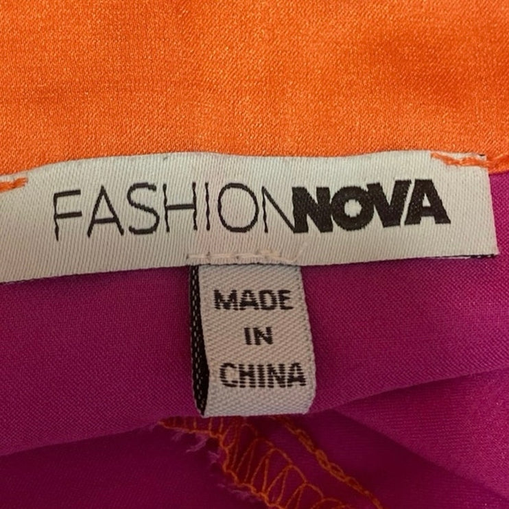 Fashion Nova Pink Orange Satin Plunge V Knot Colorblock Mini Sheath Dress Size S