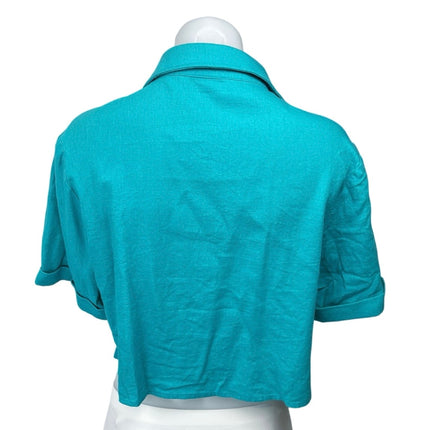 Nativozza La Rouge Blue Linen Collared Cropped Button Down Shirt Top Size M
