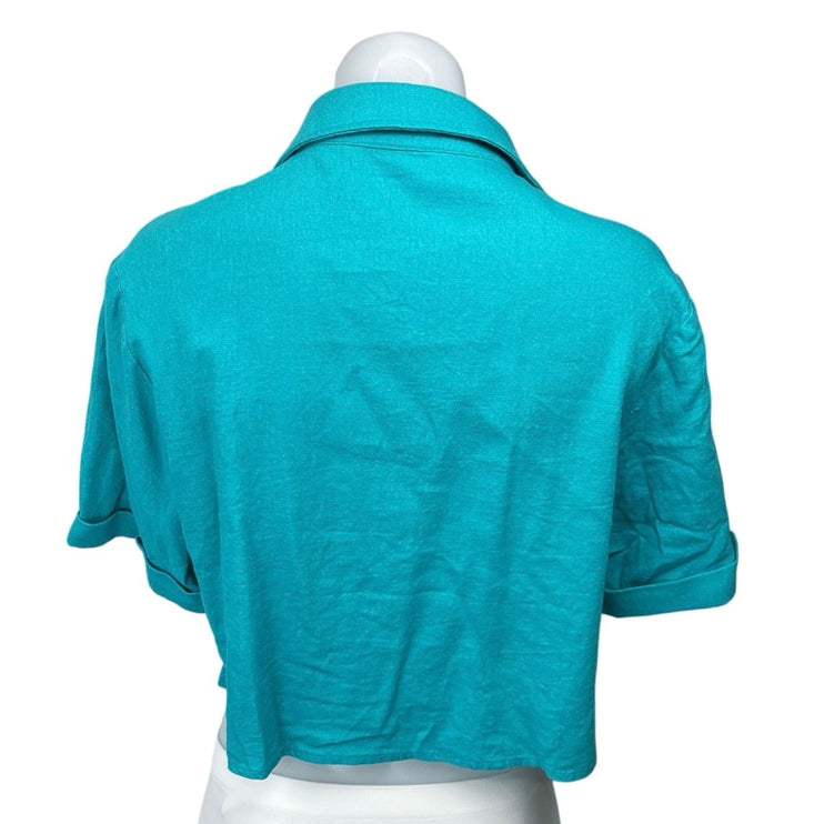 Nativozza La Rouge Blue Linen Collared Cropped Button Down Shirt Top Size M
