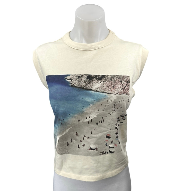 Madewell Cream Knit Ocean Beach Surf Graphic Print Muscle Tank Tee Top Size S