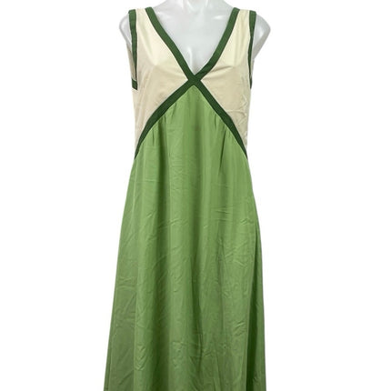 Rotimia Green Cream Sleeveless V Neck Colorblock Pleated A Line Maxi Dress S