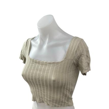 Princess Polly Beige Ribbed Knit Square Neck Short Sleeve Sculpt Crop Top Sz M/L