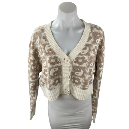 American Eagle Women's Beige Floral Yin Yang Crop Button Up Cardigan Sweater M