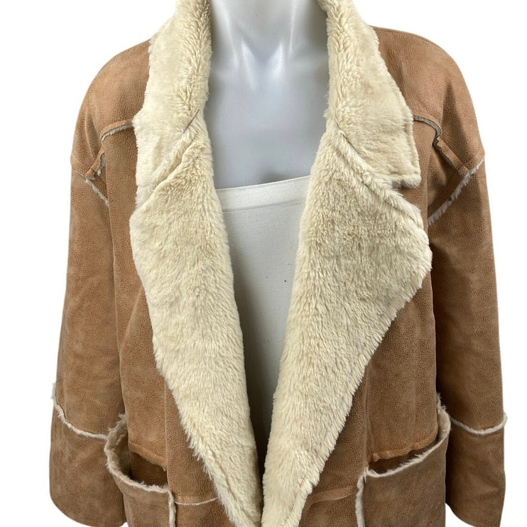 HYFVE Brown Suede Leather Faux Shearling Open Front Trench Overcoat Jacket Sz M