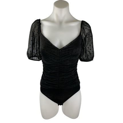 Lulus Darling Style Black Polka Dot Ruched Short Puff Sleeve Bodysuit Top Size S