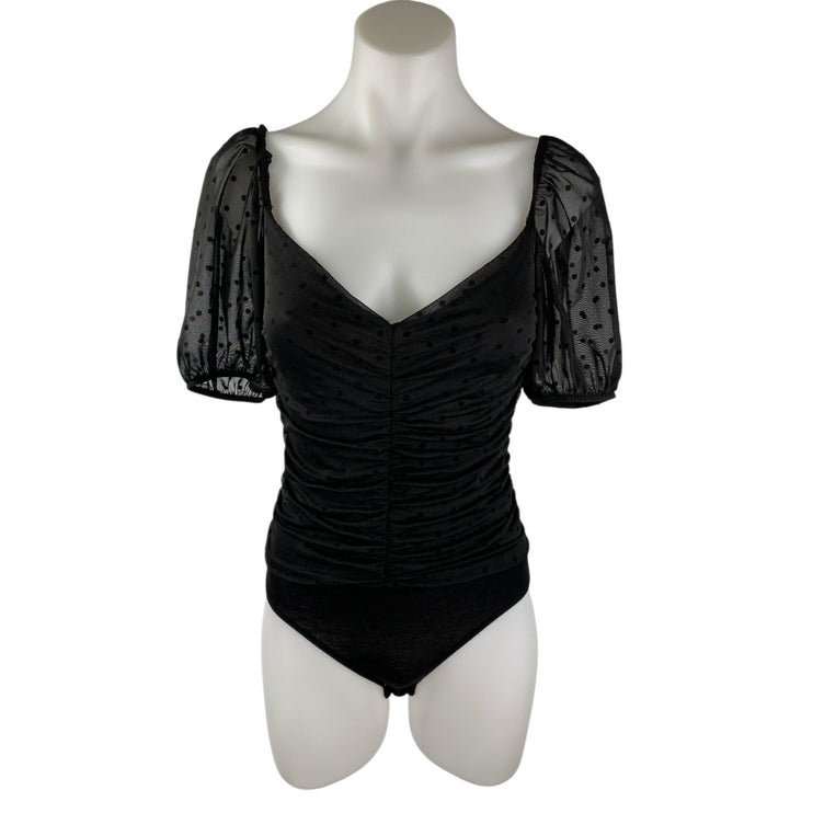 Lulus Darling Style Black Polka Dot Ruched Short Puff Sleeve Bodysuit Top Size S