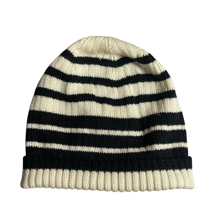 Ann Taylor LOFT Women's Cream Black Striped Cuffed Knit Bonnet Beanie Cap Hat OS