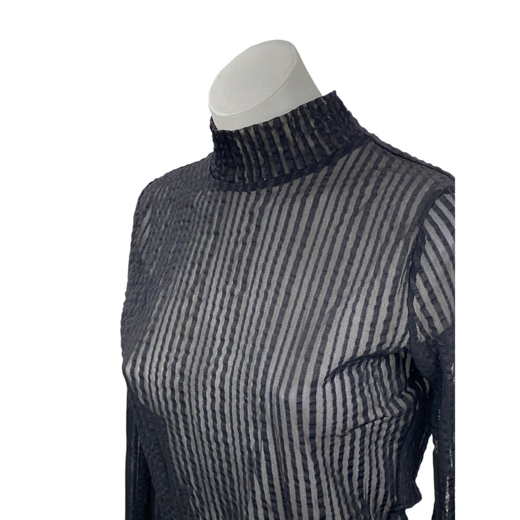 Fanco Women's Black Sheer Mesh Pleated Mock Neck Long Sleeve Blouse Top Size M