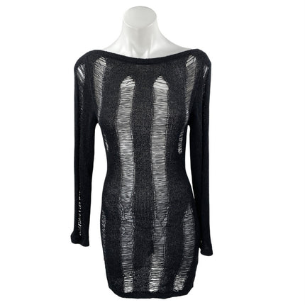 Women's Black Long Sleeve Open Knit Backless Boat Neck Mini Bodycon Dress Size S