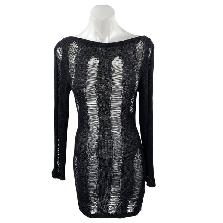 Women's Black Long Sleeve Open Knit Backless Boat Neck Mini Bodycon Dress Size S