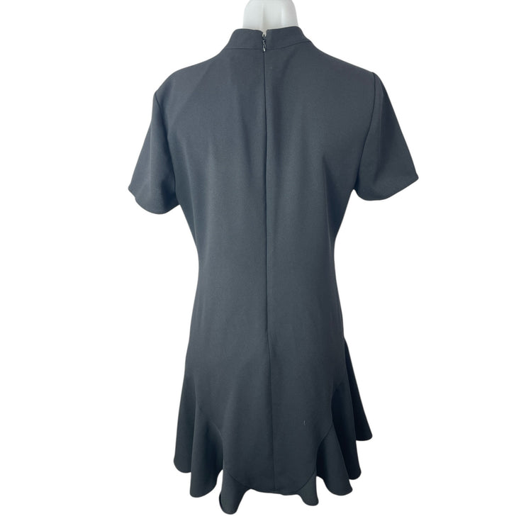 Cece Black Short Sleeve Bow Tie Neck Ruffle Flounce Mini Flare A-Line Dress Sz 8
