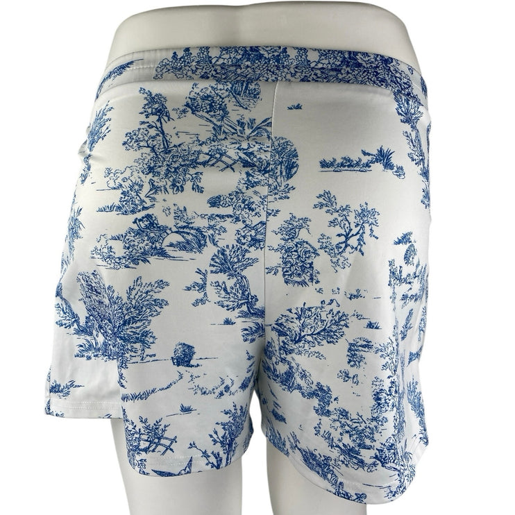 Yozy Blue White Scenic Print Pleated High Rise Mini Wide Leg Casual Shorts Sz L