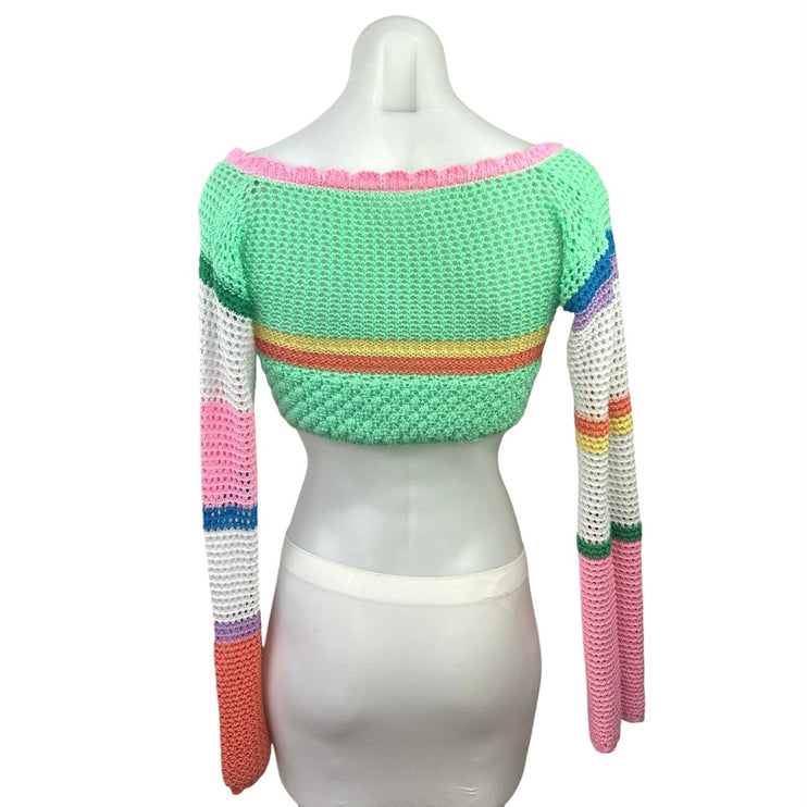 Women's Multi Colorblock Crochet Knit Long Sleeve Square Neck Sweater Crop Top S