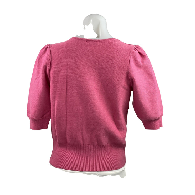 Camaieu Womens Pink Short Puff Sleeve V-neck Button Up Cropped Blouse Top Size M